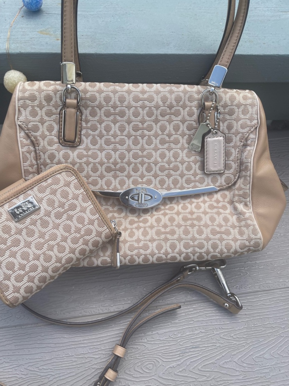 Coach Beige Signature Jacquard Shoulder Bag with Wallet
